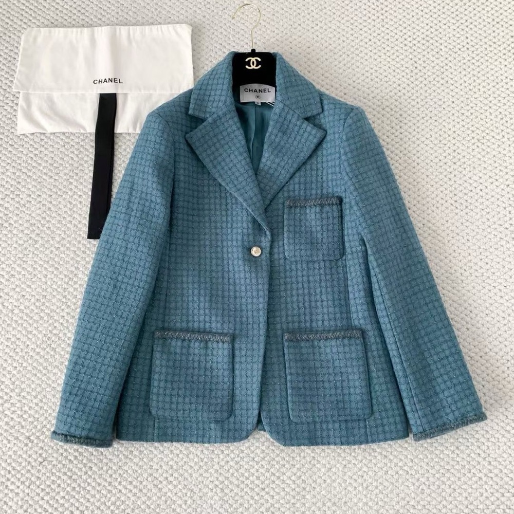 CHANEL Light Teal Blue Tweed Jacket